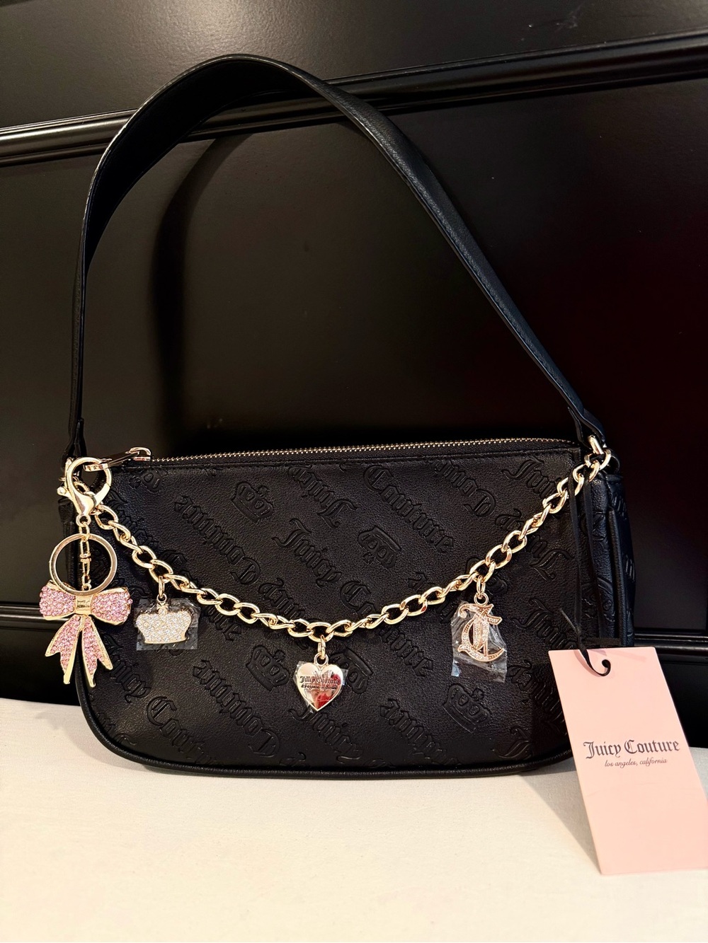 Juicy Couture Black Embossed Shoulder Bag with Gold Charm Chain
